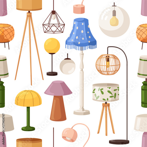 Lamps and lights, seamless pattern. Home illumination equipments, endless bac...