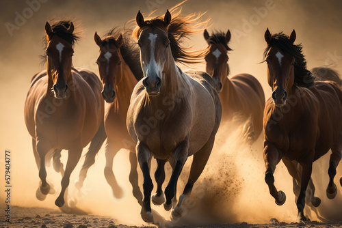 A herd of wild horses runs across the steppe. Photorealistic drawing generated by AI. © July P