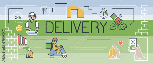 Food delivery infographic. Couriers, customer and partner street food establishments with the concept of the work process