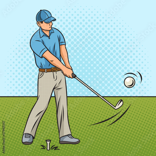 Golf player with bat club pinup pop art retro vector illustration. Comic book style imitation.