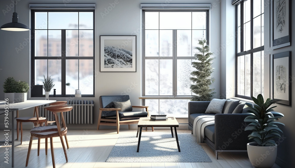 Fototapeta premium Realistic Illustration of modern light apartment with big window, Generative AI