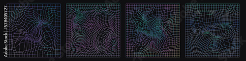 A set of distorted holographic grids. Square background with grids in the style of Y2K 00s, 90s. Element for cover retrowave, syntwave