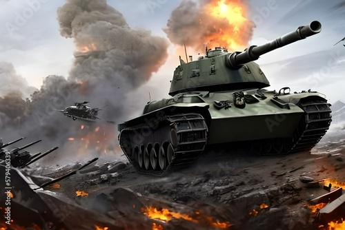 tank on a fire, cruel war background with destroying background, and broken tank in the battle