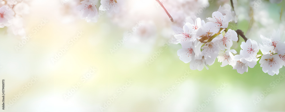spring flowers in the garden, generative ai spring time banner, blossoms on bright background, season spring design