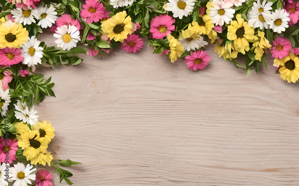 flowers on wooden background, generative ai spring time banner, blossoms on wooden floor / wooden boards / timber surface, season spring design