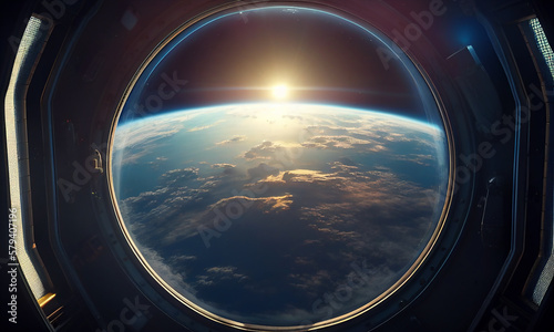 Breathtaking View of the Planet Earth from International Space Station Porthole. Rising Sun Illuminates Our Blue Planet's Clouds, Oceans and Peaceful Cities. Generative AI.
