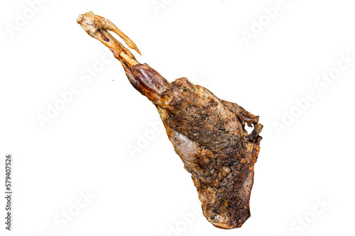 BBQ Roasted lamb mutton leg with herbs and spices on a grill. Isolated, transparent background