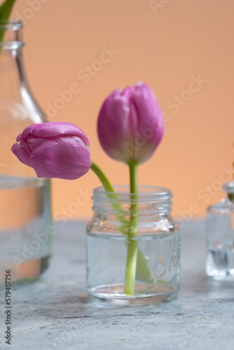 Two pink tulip flowers in a small glass vase next to another glass bottle