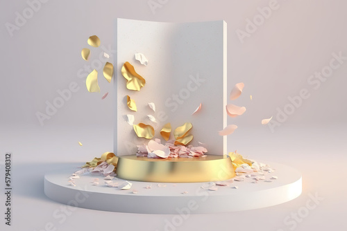 Product podium, golden round stand studio, petals. Generated by AI