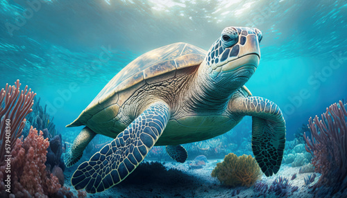 Sea big turtle swimming in blue sea water. Generative AI.