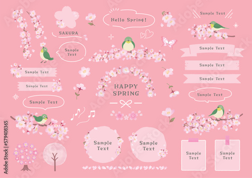 桜の枝にとまるメジロと春のフレームデザイン