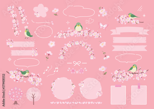 桜の枝にとまるメジロと春のフレームデザイン