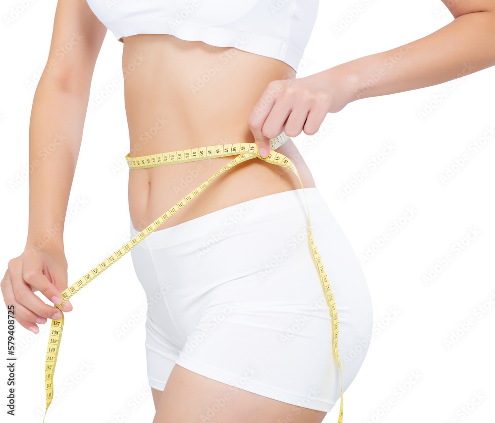 Asian woman diet and slim with measuring waist for weight, girl have cellulite and calories loss with tape measure, health and wellness concept. - obrazy, fototapety, plakaty 