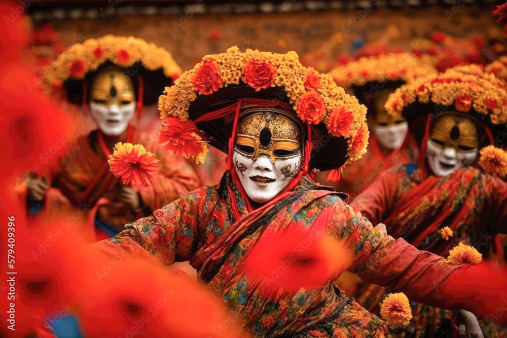 A group of traditionally dressed dancers performing the ancient mask dance amidst a sea of bright red marigold petals at the Paro Tshechu festival - Generative AI A group of traditionally dressed dancers performing the ancient mask dance amidst a sea of bright red marigold petals at the Paro Tshechu festival - Generative AI