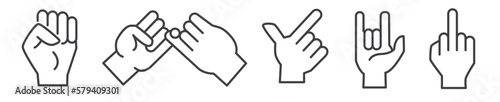 Hand gestures vector thin line icon collection on white background - part two