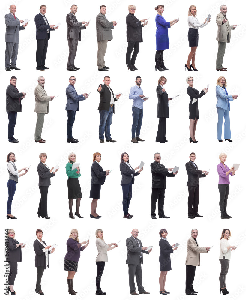 group of people demonstrating tablet looking at camera group of people demonstrating tablet looking at camera