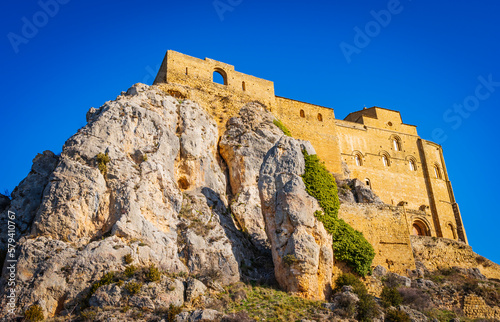 castillo de loarre spain patio under view towards the main facade with the rocks