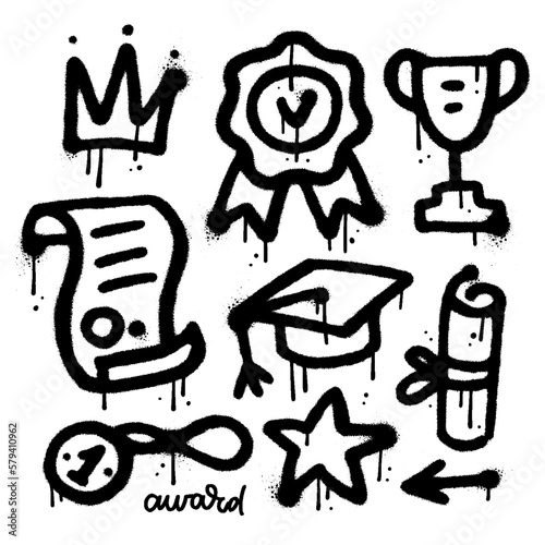 Hand drawn AWARD various elements set in sprayed urban graffiti style. Each element is isolated. Textured hand drawn vector illustration.