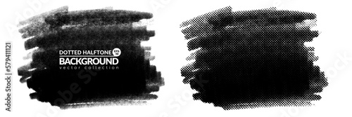 Vector big hand drawn brush strokes with dotted halftone effect. Monochrome design element. One color monochrome artistic hand drawn backgrounds.