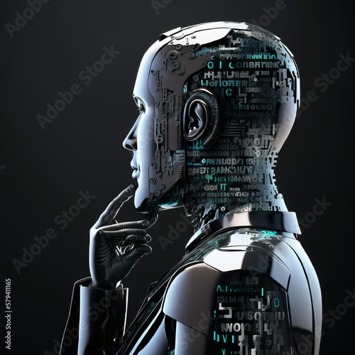 cyborg with code, chatbot chat AI concept, artificial intelligence side view AI smart robot technology inputting commands to analyze data, future technology change by Generative AI