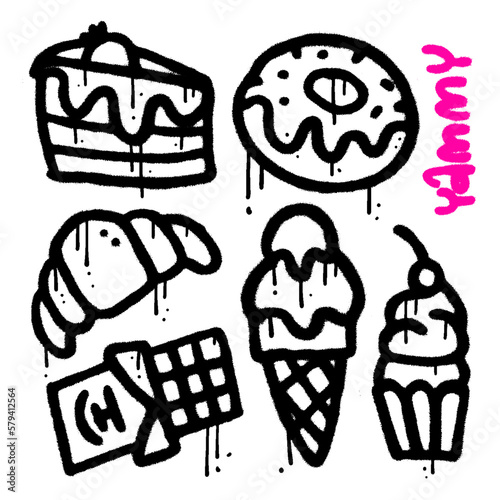 Spray Painted Urnab Graffiti sweets icon set. Sprayed yammy elments isolated with a white background. Ice cream, donut, cupcake, chocolate bar, croissant with paint overspray. Vector illustration.