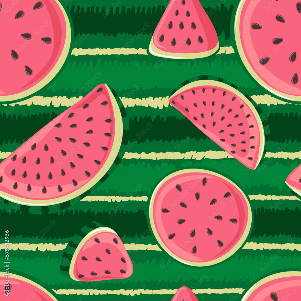 Seamless pattern with watermelon slices on striped background. Modern print for fabric, textiles, wrapping paper. Vector illustration Seamless pattern with watermelon slices on striped background. Modern print for fabric, textiles, wrapping paper. Vector illustration