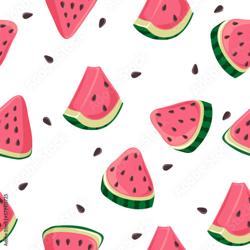 Seamless pattern with watermelon slices and brown seeds. Modern print for fabric, textiles, wrapping paper. Vector illustration