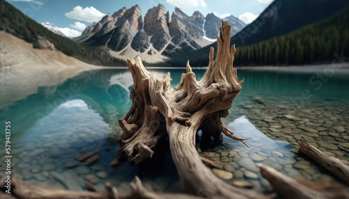 Driftwood lies on the edge of a lake with mountains in the background. Photorealistic illustration generated by AI. © July P