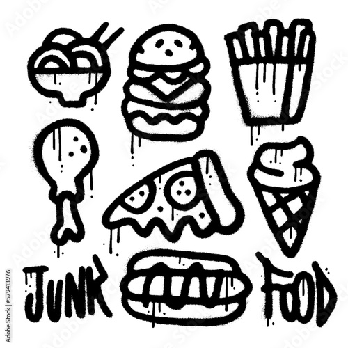 Set of junk food elements in urban graffiti style. Noodle, burger, french fries, pizza, ice cream, hot dog and chicken leg. Spray textured vector illustration for t-shirts, banners