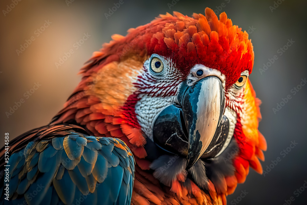 Fototapeta premium Beautiful macaw parrot bird on nature background, close up. Generative AI