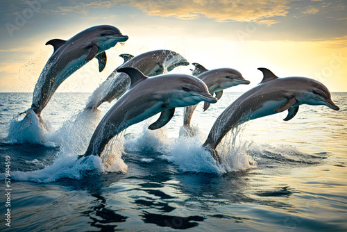 A playful group of bottlenose dolphins leaping out of the water  captured in mid-air - Generative AI