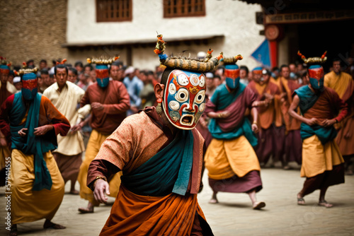 A group of monks performing a traditional mask dance amidst a sea of onlookers at the Paro Tshechu - Generative AI