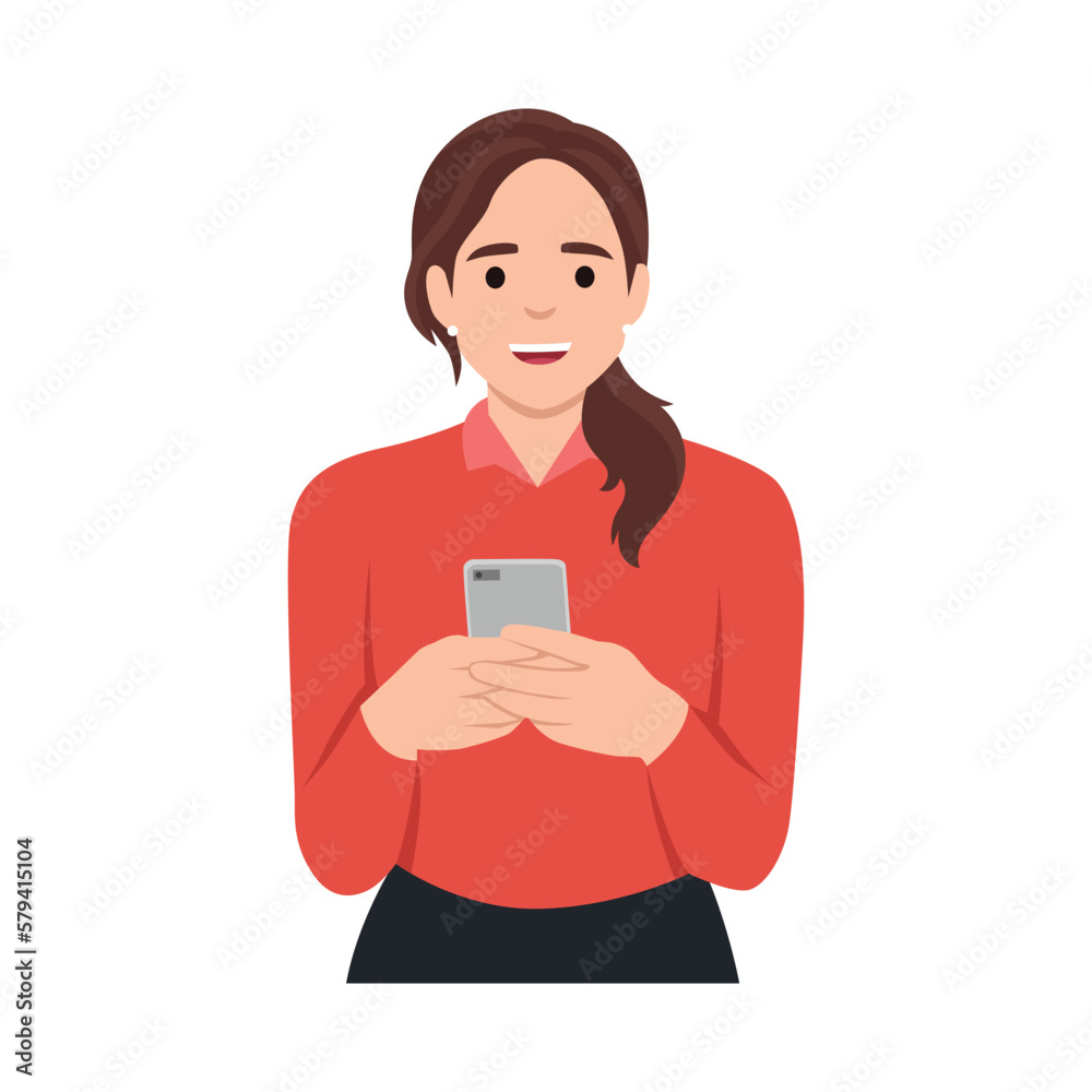 Beautiful wave hairstyle woman holding mobile phone in hand isolated Beautiful wave hairstyle woman holding mobile phone in hand isolated