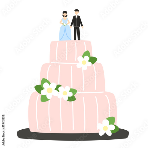 Wedding cake with figurines of bride and groom decorated with flowers in flat style