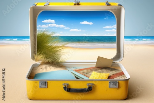 A summery beach scene unfolds inside an opened yellow suitcase. Travel and tourism itineraries arranging a getaway  holiday  or vacation. Generative AI