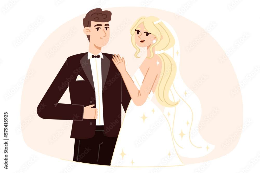 Bride with a bouquet of flowers and groom at the wedding, flat style illustration Bride with a bouquet of flowers and groom at the wedding, flat style illustration
