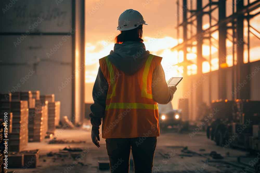 Warehouse worker supervising, wearing hardhat and reflective jacket, back view. Generative AI  - obrazy, fototapety, plakaty 