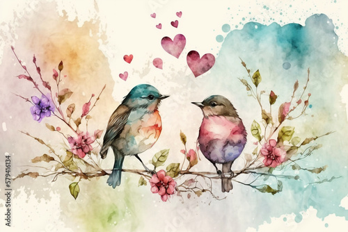Spring background with birds and flowers, Generative AI
