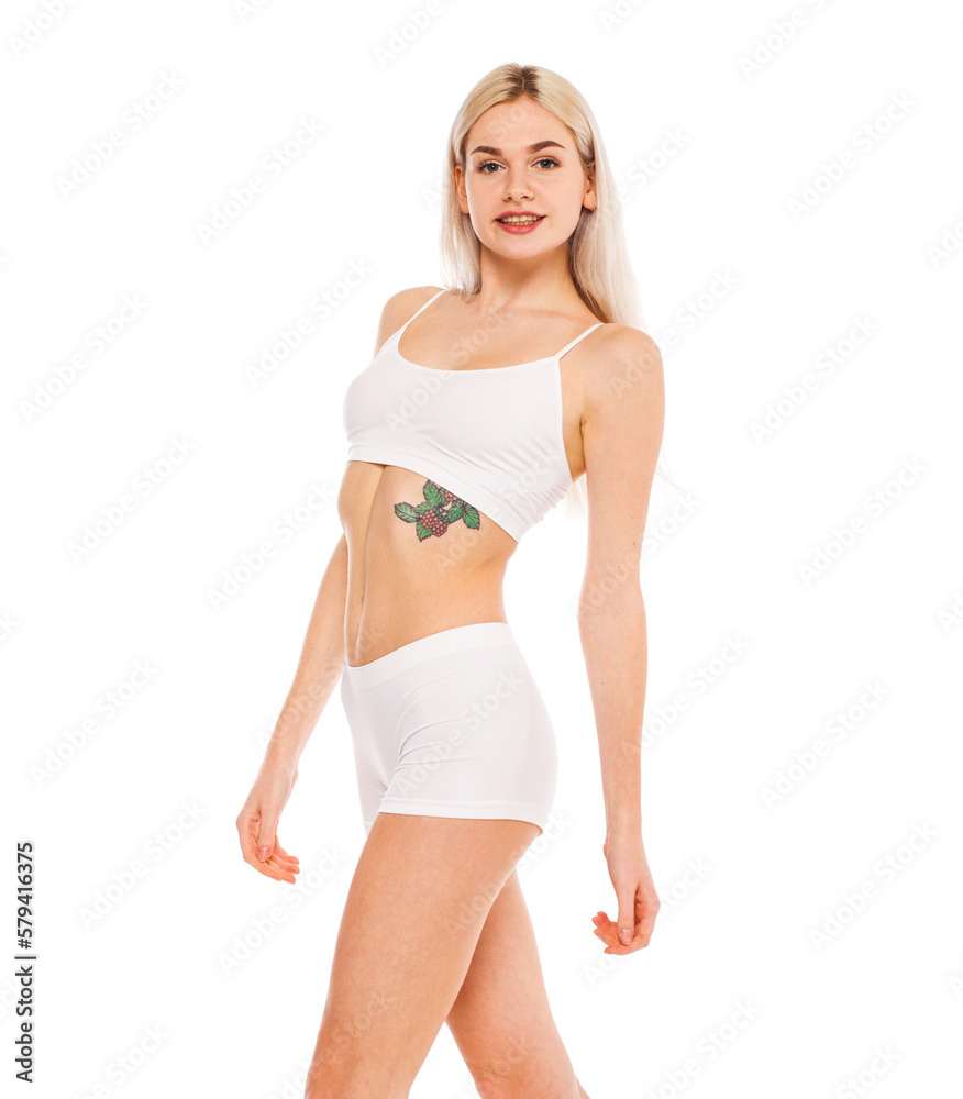Young beautiful blonde woman in white sports underwear Young beautiful blonde woman in white sports underwear