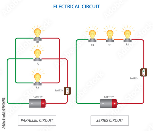 Parallel circuit, Series circuit, basic electric circuits experiment with Batter and light bulb