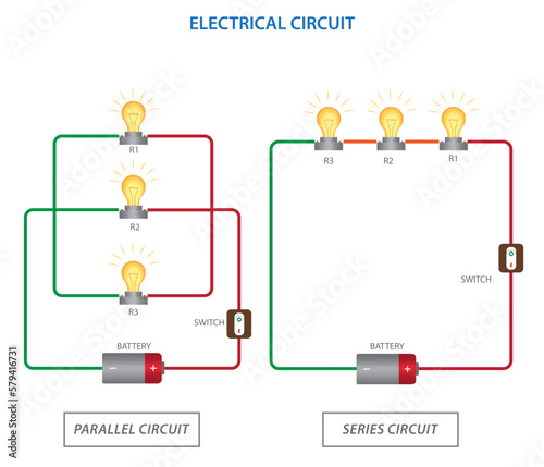 Parallel circuit, Series circuit, basic electric circuits experiment with Batter and light bulb