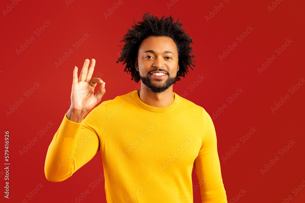 Everything is fine. Satisfied african american man showing ok gesture with hand, approving work, satisfied with quality. Indoor studio shot isolated on red background Everything is fine. Satisfied african american man showing ok gesture with hand, approving work, satisfied with quality. Indoor studio shot isolated on red background