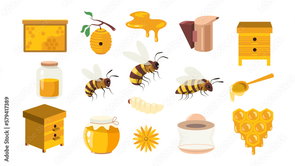 Honey cartoon collection. Beekeeping sweet elements, honeybee beeswax beehive honeycomb, organic bee apiculture products. Vector flat set - obrazy, fototapety, plakaty 