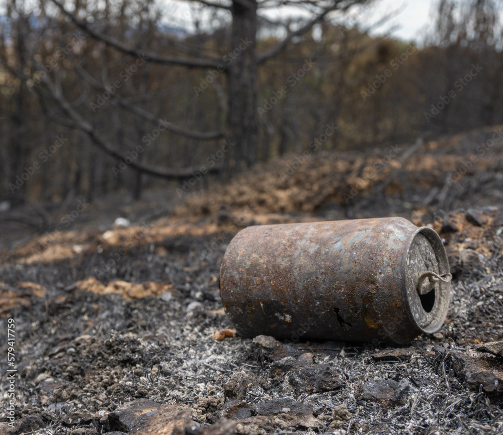 Lata de refresco o cerveza quemada tras un incendio en Navarra, sierra del Perdón Lata de refresco o cerveza quemada tras un incendio en Navarra, sierra del Perdón