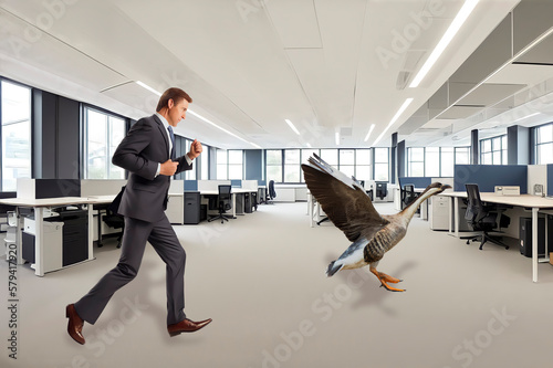 Idiom, On a wild goose chase, Business man chasing goose through office, created with Generative AI technology photo
