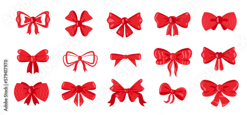 Cartoon gift bows. Decorative bowknot with ribbons for wrapping present package, cute bowtie tape for holiday celebration decor. Vector flat set