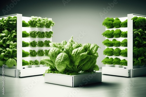 Harvest of green ripe vegetables, hydroponic greenhouse. Generative ai. photo