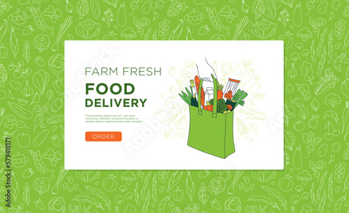 Grocery courier delivering online shop order background pattern. Farm fresh food