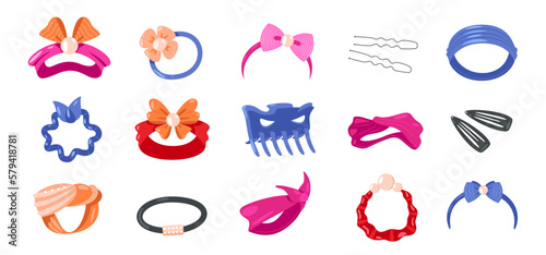 Hair ties. Cute hairpin hairband bow scrunchy icons, cartoon girlish fashion hairstyle accessories hairdressing equipment flat style. Vector set