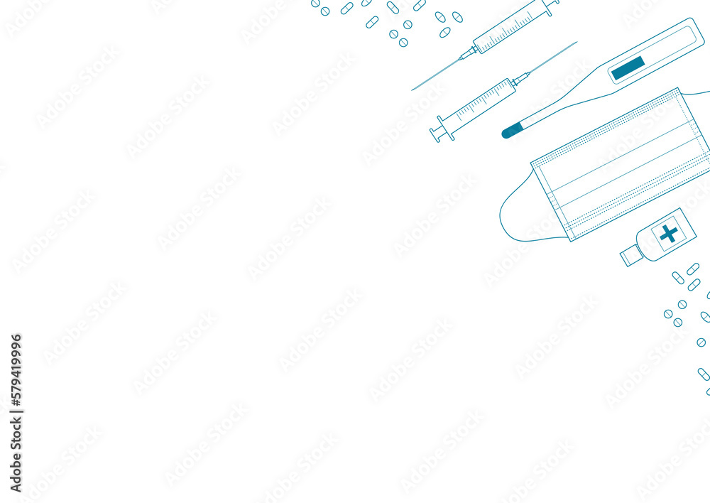 Obraz premium Medical background: thermometer, medical mask, syringe, pills. Vector illustration